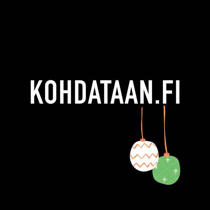 Mustalla pohjalla valkoinen teksti: KOHDATAAN.FI ja joulupalloja.