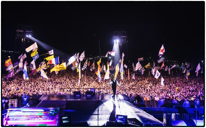 Photo of Paul McCartney on the Pyramid Stage during his headline set at Glastonbury Festival 2022