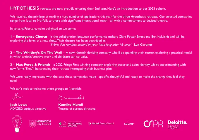 A full statement about our 3 retreat recipients. A pink background with white writing. With our 6 partners' logos below.