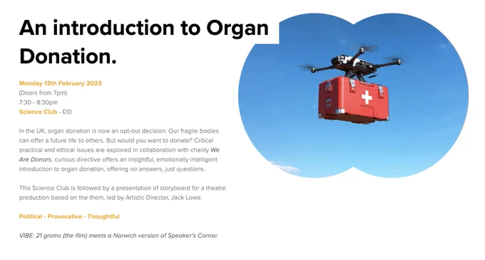 A an image of an organ being transported by a drone. A description of our science club for An Introduction to Organ Donation.