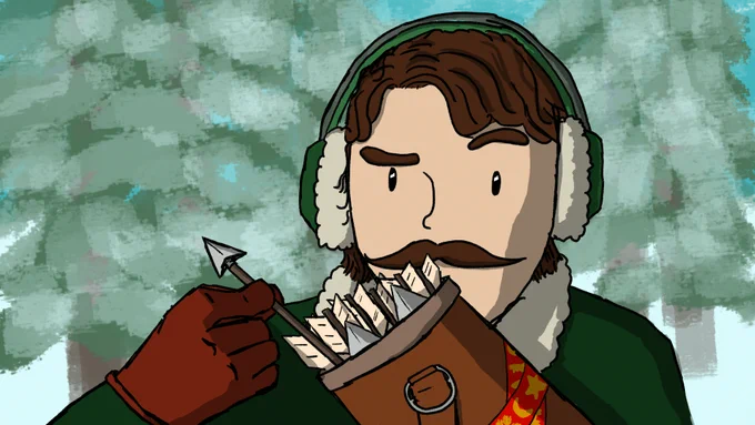 Illustration von Till Hausdorf: Eine Person mit kurzen braunen Haaren und Schnurbart steht vor verschneiten Bäumen und betrachtet die Pfeile in einem Köcher kritisch. Um den Köcher ist weihnachtliches Geschenkband gewickelt. Die Person trägt eine grüne Jacke, rotbraune Handschuhe und grüne Ohrwärmer mit Fellbesatz.