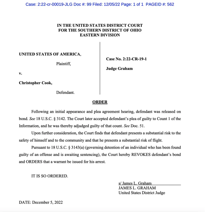 Following an initial appearance and plea agreement hearing, defendant was released on
bond. See 18 U.S.C. § 3142. The Court later accepted defendant’s plea of guilty to Count 1 of the
Information, and he was thereby adjudged guilty of that count. See Doc. 51.
Upon further consideration, the Court finds that defendant presents a substantial risk to the
safety of himself and to the community and that he presents a substantial risk of flight.
Pursuant to 18 U.S.C. § 3143(a) (governing detention of an individual who has been found
guilty of an offense and is awaiting sentencing), the Court hereby REVOKES defendant’s bond
and ORDERS that a warrant be issued for his arrest.
IT IS SO ORDERED