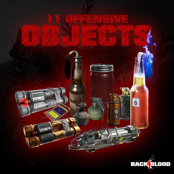 An image of the offensive objects, from left to right, top to bottom: Pipebomb, Firecrackers, Money Bomb, Molotov, Smoke Grenade, Bait Jar, Frag Grenade, Blinding High-Beams, Flash Bang, Secret Sauce, and the T5 Grenade. 