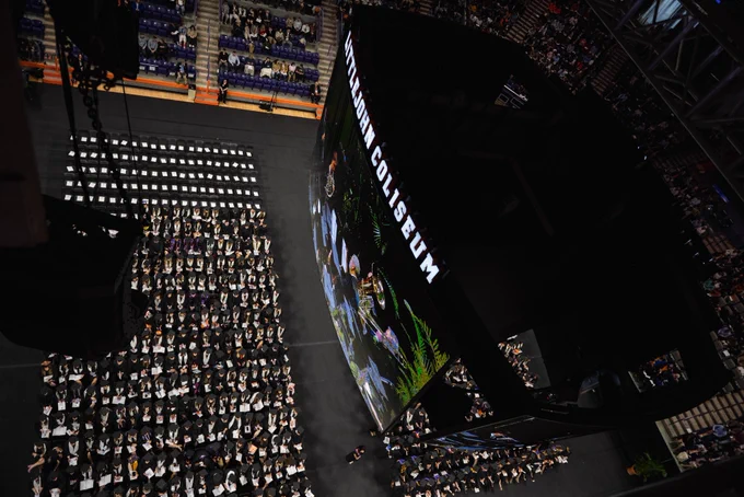 Clemson’s Littlejohn Coliseum during graduation from the ceiling.