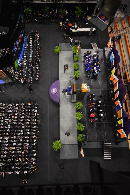 Clemson’s Littlejohn Coliseum during graduation from the ceiling.
