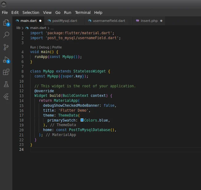 Screenshot of FLUTTER code showing how to send data from your device to a remote server DATABASE