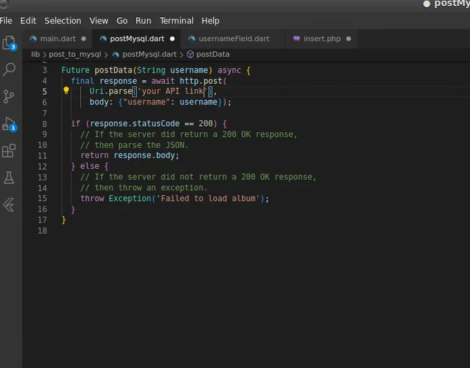 Screenshot of FLUTTER code showing how to send data from your device to a remote server DATABASE