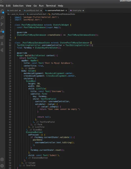 Screenshot of FLUTTER code showing how to send data from your device to a remote server DATABASE