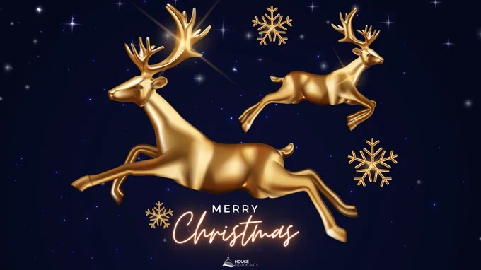 A graphic that reads "Merry Christmas" with two gold reindeer and three gold snowflakes on a dark blue background.
