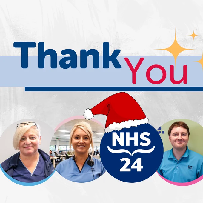 Text is thank. Photos of three NHS 24 employees smiling. NHS 24 logo wearing a Santa hat. 