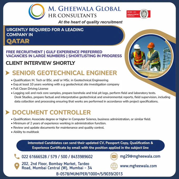 #engineer #controller #seniorengineer #geotechnical #technicalengineer #document #administration #construction #qatarjobs #jobsinqatar #mgheewala #mgheewalajobs