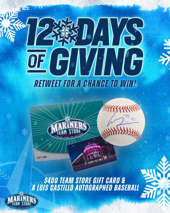 12 Days of Giving: Retweet for a chance to win!

Day 11 prize: $400 Mariners Team Store gift card and a Luis Castillo autographed baseball. 