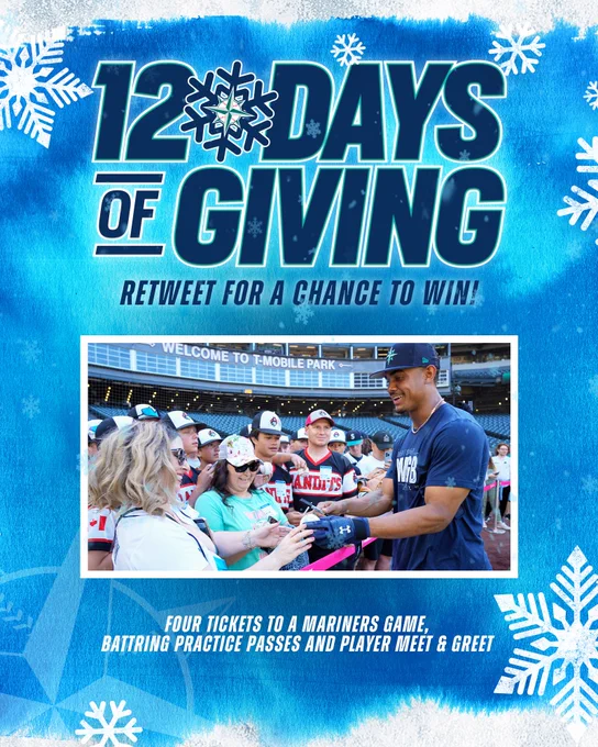 12 Days of Giving: Retweet for a chance to win!

Day 12 prize: Four tickets to a Mariners game in 2023, batting practice passes and a meet & greet with a Mariners player.