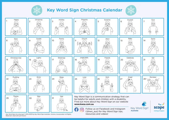 Graphic with text: Key word sign Christmas calendar with many signs relating to Christmas