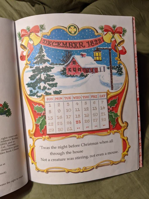 A photo of the inside page of the night before Christmas that has a calendar page of December 1822