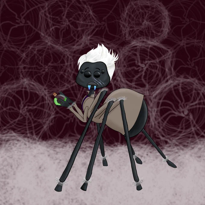 Digital drawing of a dungeons and dragons Spiderfolk holding a bottle of green magical poison.