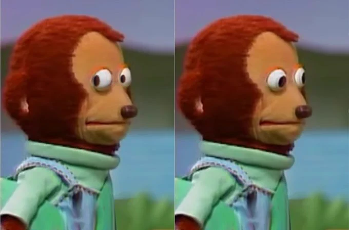 The popular meme "Awkward Look Monkey Puppet". There are two panels one of the puppet looking over their shoulder and one looking forward avoiding notice