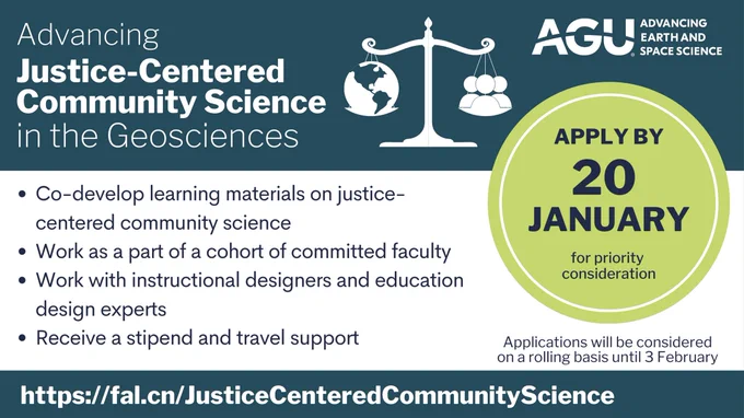 Apply by 20 January for priority consideration. Applicants will be considered on a rolling basis until 3 February. Co-develop learning materials on justice-centered community science
Work as a part of a cohort of committed faculty
Work with instructional designers and education design experts
Receive a stipend and travel support