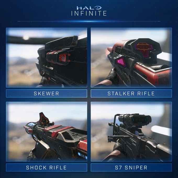 List of Snipers in Halo Infinite. Top left: Skewer. Top right: Stalker Rifle. Bottom left: Shock Rifle. Bottom right: S7 Sniper. 