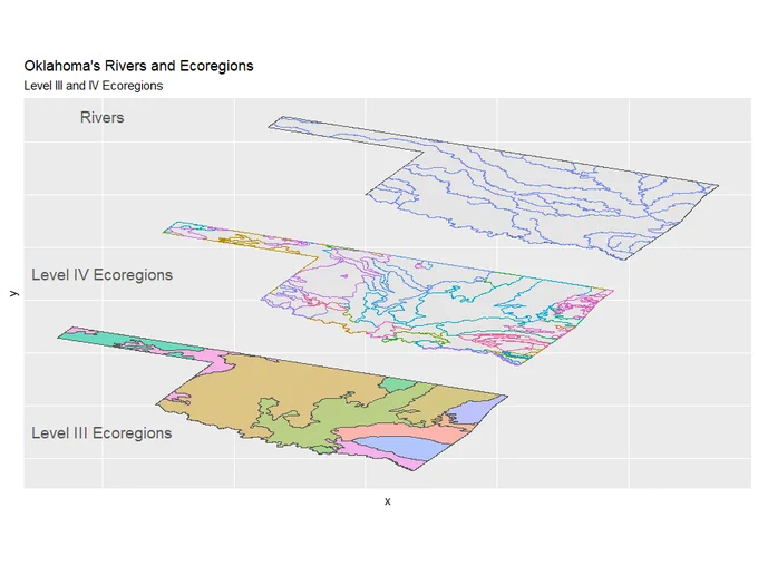 Three maps of Oklahoma are shown. Map 1 shows the state's level 3 ecoregions, map 2 shows level 4 ecoregions and map 3 shows the location of the state's major rivers. 