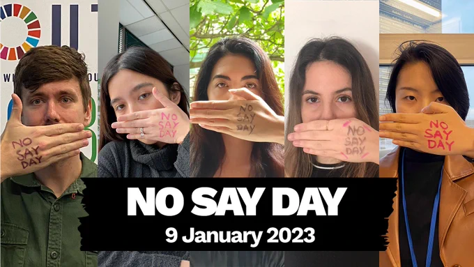 The card shows five person covering their mouths with their hands and reads "No Say Day, 9 January 2023".