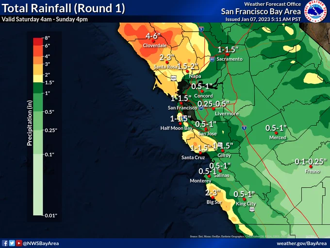 Map showing rainfall totals across central California for the storm Saturday afternoon through Sunday morning. Totals range from 2 to 5 inches in the North Bay, half an inch to 1.5 inches for the Bay Area, and 2 to 4 inches for the Santa Cruz mountains.