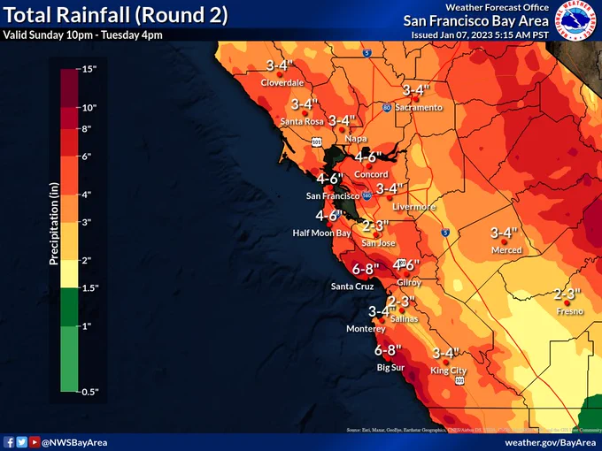 Map showing expected rainfall totals over central California for the storm Sunday night through Tuesday morning. Totals range from 3 to 5 inches across much of the area with lower totals in San Jose and the Salinas Valley. 4 to 6 inches for San Francisco and the peninsula, around 6 inches for Santa Cruz, and 7 to 9 inches for the Santa Cruz mountains and Big Sur coast.