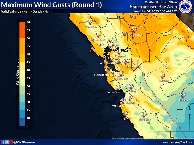 Map showing the forecast maximum wind gusts over central California from Saturday morning to Sunday afternoon. Highest winds along the coast up to 55 mph. 35 to 45 mph across the rest of the Bay Area.