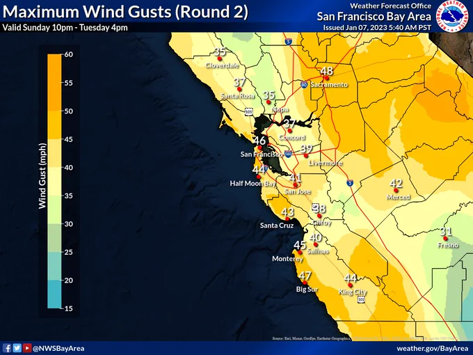 Map showing forecast maximum wind gusts over central California from Sunday night to Tuesday afternoon. Max gusts up to 50 mph along the Big Sur coast and Santa Cruz mountains, and 40 to 50 mph across the rest of the Bay Area.