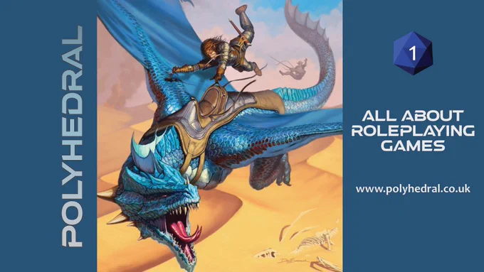 Image shows the planned front cover for Polyhedral Issue 1. An elven warrior clinging to the back of a blue dragon. Art by Dean Spencer.