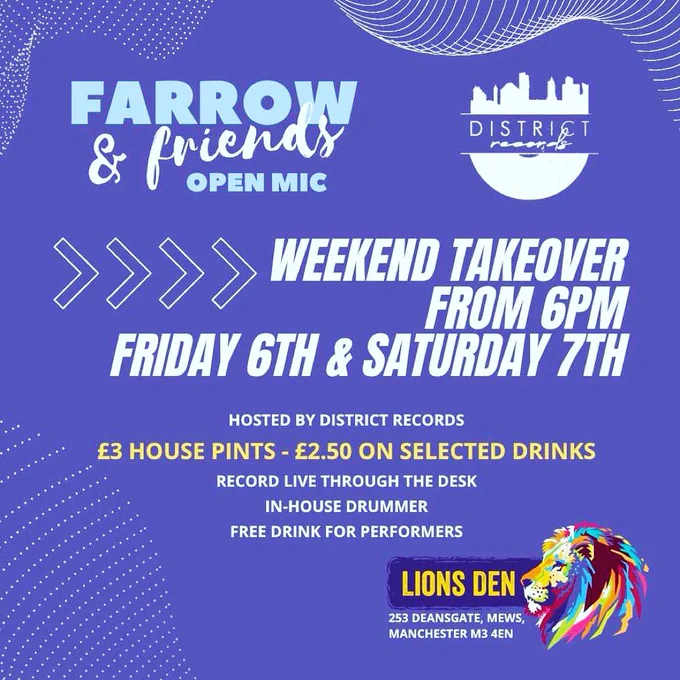 TONIGHT‼️ Selected drink offers from £2.50 🍻Happy New Year 🥳 OPEN MIC WEEKEND TAKEOVER‼️ @lionsdenmcr @gnwmanchester with @farrowandfriendspromotions & @districtrecordsmcr 🎤

🍺Free drink for acts 
🎙Record live through the desk 
🥁In house drummer 
🍻Student deals 

If you’re looking to get yourself back into the swing of performing again for 2023 then come on down to Lions Den this Weekend 👌🏼💯
.
.
.

#igersmcr #manchesterlife #bestofmcr #wearemcr #mcr #manchester #mcrstreets #manchestergram #manchesterphotography #deansgatemews #mcr_follow #thisismcr #manchestereveningnews #mcr_collective #mcruk #greatermanchester #visitmanchester #manchesterphotographer #bestofmanchester #wearemcr
#manchesterstreets #openmicmmanchester #grassrootsmusic #lionsdenmanchester #freegig #gnwmanchester #deansgatemanchester #ilovemcr #mcr #mancmusic #castlefieldviaduct #castlefield