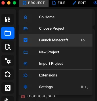 Screenshot of bridge.'s "Projects" menu with a new "Launch Minecraft" option being selected