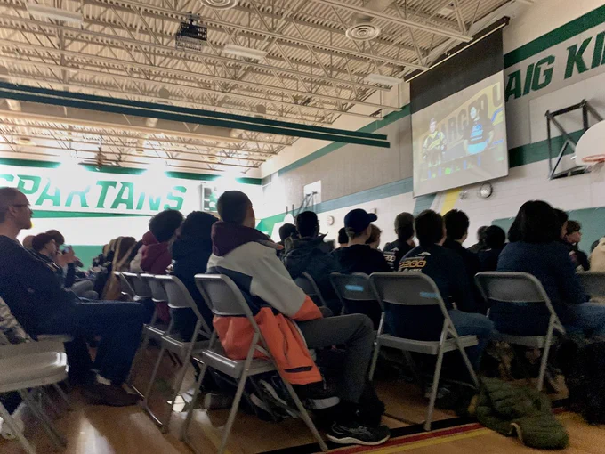 MMRambotics in the Craig Kielburger High School gym watching the FRC kickoff livestream.