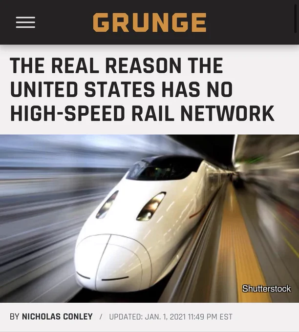 Grunge headline: the real reason the United States has no high speed rail network 

Followed by a picture of a high speed train (elsewhere)