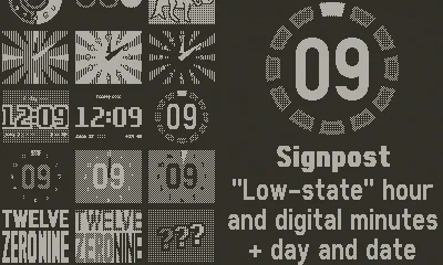 Playdate gallery of alarm clock faces, with circular face "Signpost" selected
