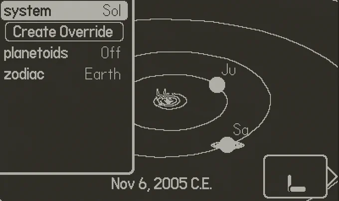 Playdate solar system screenshot with Planetoids and Zodiac options
