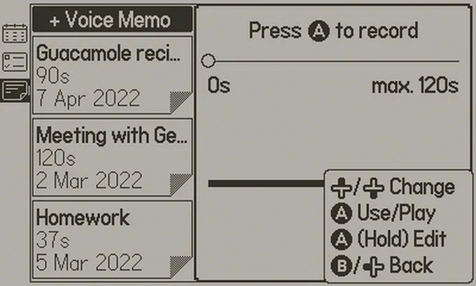 Playdate voice memo recording interface, plus icons for notes and calendar