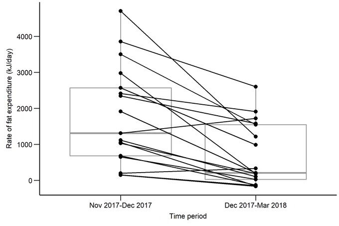 Rate of fat expenditure (kJ/day) for 17 adult female mule deer from November 2017–December 2017 and from December 2017–March 2018. Mule deer mobilized fat at a faster rate in mid-autumn (November–December) than late winter (December–March)