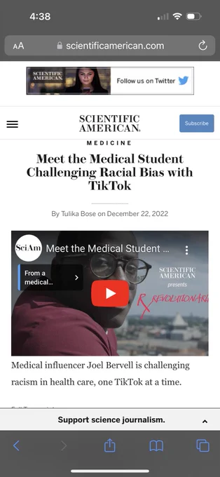 Linked image of an article featuring medical influencer Joel Bervell and his work to change racism in healthcare.