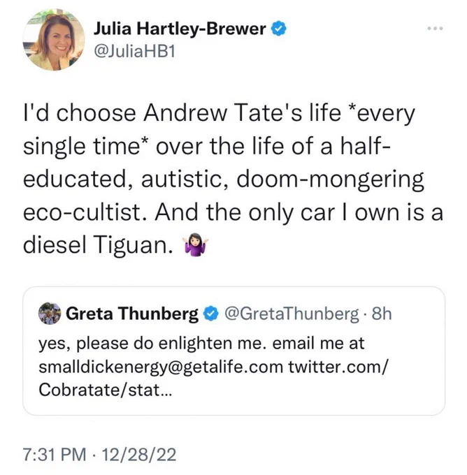 A screenshot of Julia Hartley-Brewer tweet - time stamped 19:31 on 28th December 2022.

The tweet is exactly the same as the tweet quoted below, however it adds the word “autistic” in her list of insults.