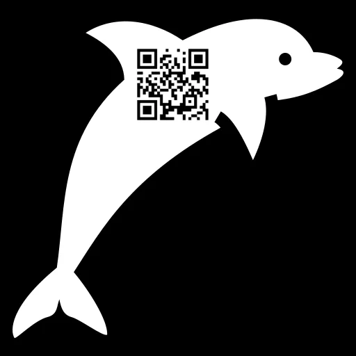 A silhouette of a dolphin, with a QR code on its side. 