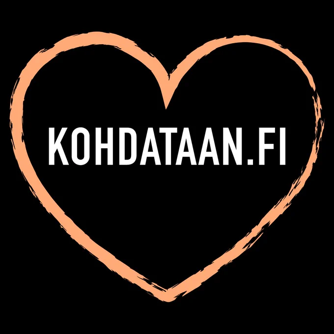 Mustalla pohjalla oranssi sydän ja valkoinen teksti: KOHDATAAN.FI