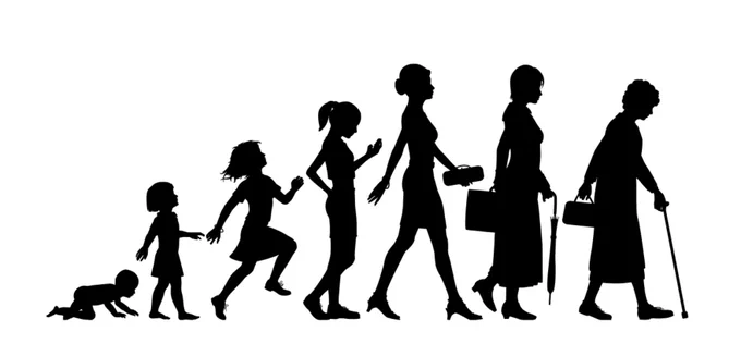 Black silhouettes on white of 7 female figures: baby crawling (on left), little girl walking, bigger girl jumping, teen looking at phone, followed by three woman walking: a young one in miniskirt carrying a small purse, another wearing long skirt and carrying briefcase, and a third carrying handbag and using a cane.