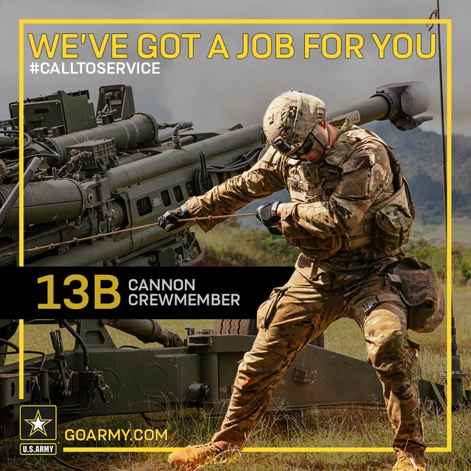 13B Cannon Crewmember
As a Cannon Crewmember, you’ll play a vital role in helping the Army win during missions. You’ll work with Howitzers, some of the most technologically advanced weapons systems ever created, to support infantry and tank units. You’ll learn how to handle ammunition, operate these weapons systems, and calculate targets. #goarmy #joinus #cannon
