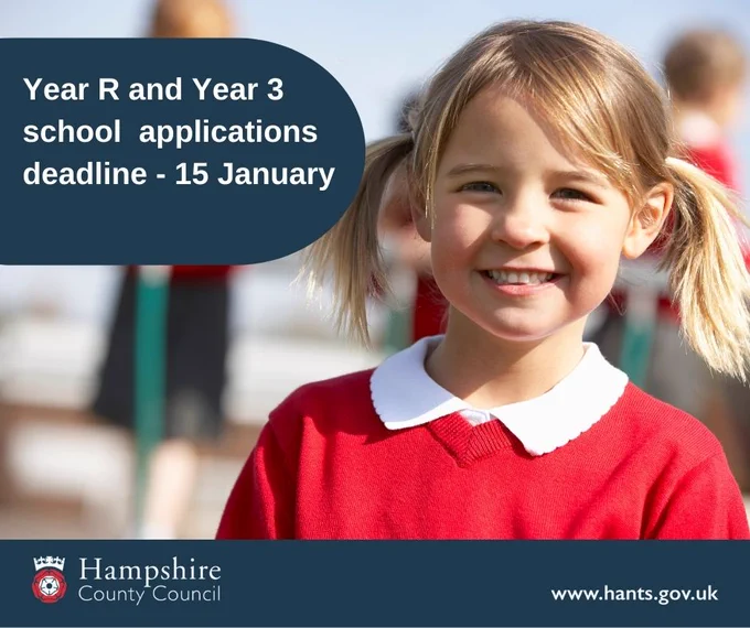School pupil in red jumper smiling at the camera, text says year R and year 3 school applications deadline 15 January