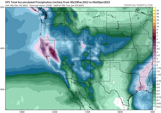 Precipitation map from ECMWF ensemble showing heavy precipitation over parts of NorCal over the next 5 days.
