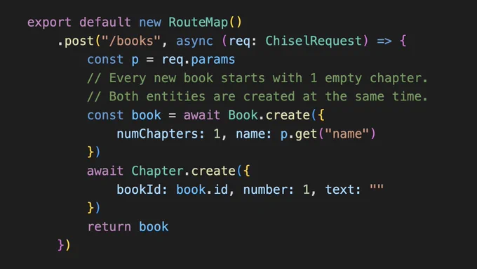 Code illustrating a RouteMap that atomically creates two entities in its implementation.