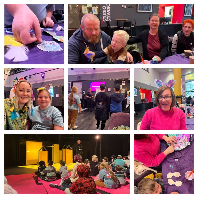 Families doing crafts making bear ears, and sitting in the audience for a show with a very yellow set.