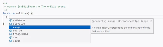 An example of auto completion with custom types in the new Google Apps Script IDE