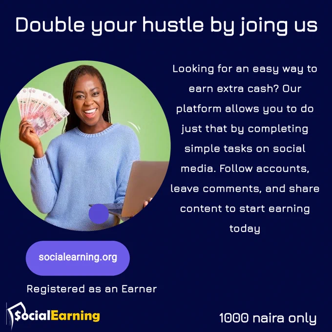 Looking for an easy way to earn extra cash? Our platform allows you to do just that by completing simple tasks on social media. Follow accounts, leave comments, and share content to start earning today.
visit socialearning.org and registered as an Earner

#earnmore #OnlineEarning #firstdollar #work-life #onlinemarketing #December #creativeblock #freelancers #marketing #freelancer #onlinegigs #create #createoclock #createdontHate #independence #softwork #creative #creativity #contentcreator #creator #delegate #outsource #hire #christmas #holidays #christmas2022 #happychristmas #happysunday #happynewyearinadvance